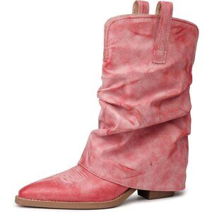 Women Baby Pink Rubber Chunky Heels Mid Calf Western Boots Vintage Retro